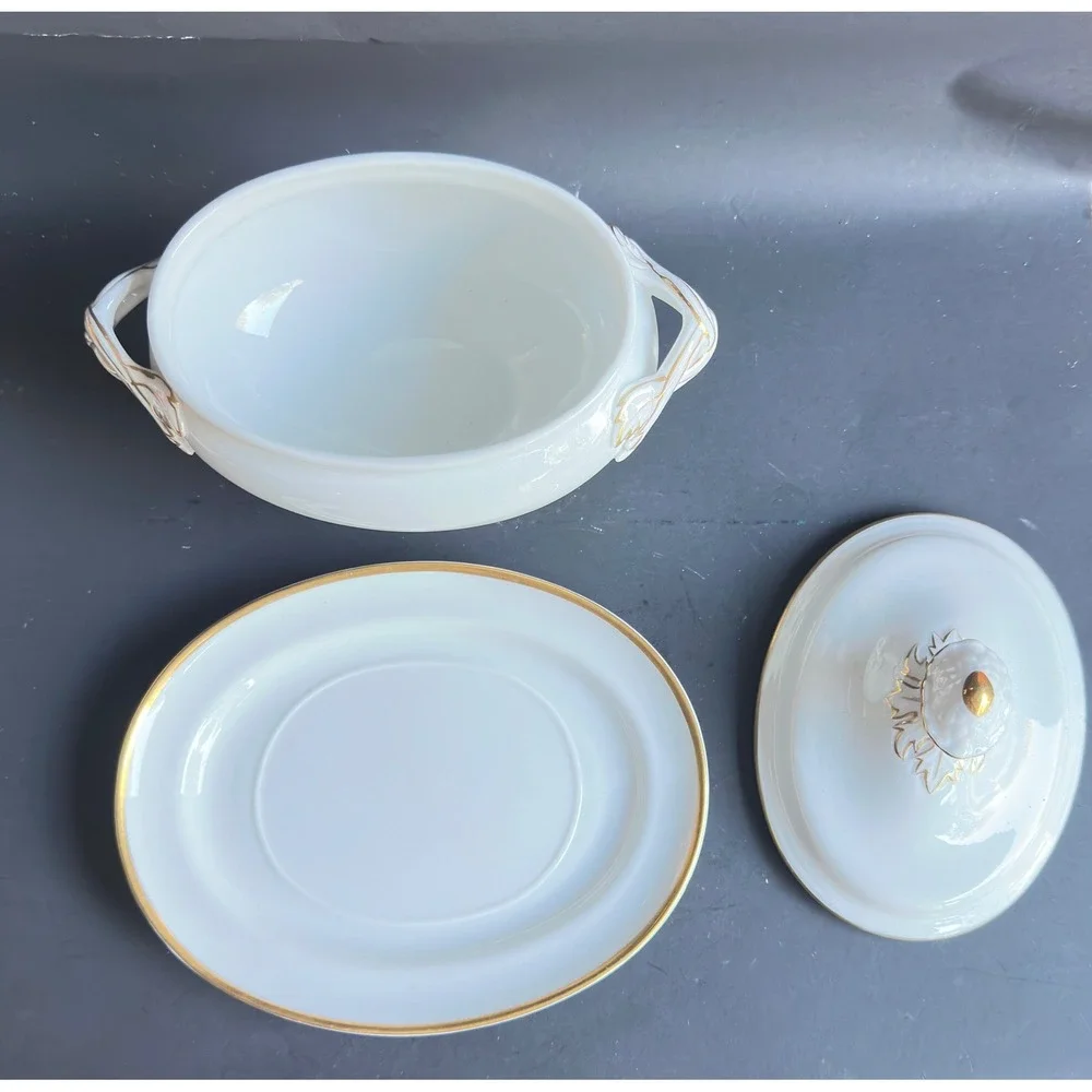 Vintage Porcelain Sauce Tureen Lid Underplate White Gold Trim 3pc Cottagecore